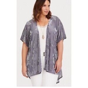 Torrid Kimono Women’s  1/2 1X 2X Grey Floral Velvet Burnout Boho Chic Topper
